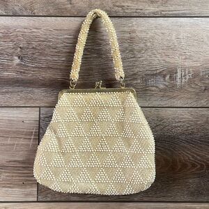 Beaded Evening Bag Purse , Handmade in Hong Kong, Cream Color, Vintage